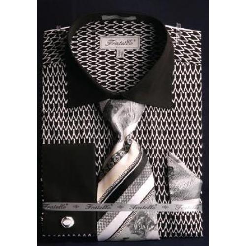 Fratello Black / White Weave Design 100% Cotton Shirt / Tie / Hanky Set With Free Cufflinks FRV4127P2.